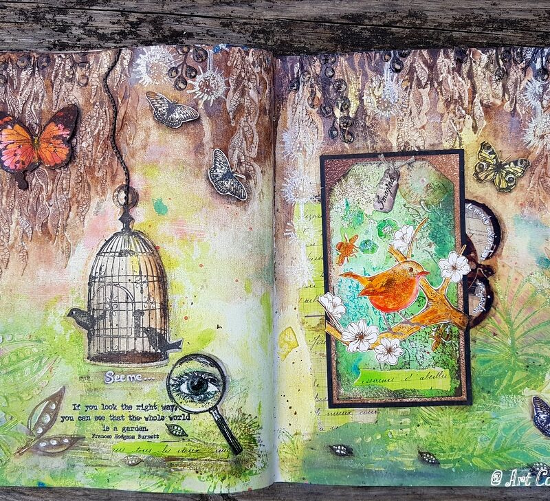 Artjournal-page-mixed-media-nature-jardin-oiseaux-collage-texture