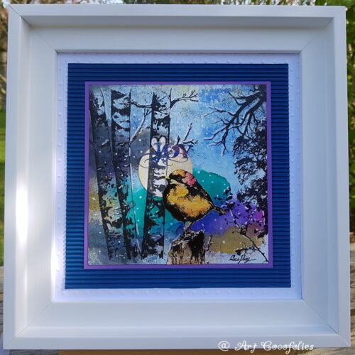 Art sur papier encadré. L'oeuvre représente un oiseau en hiver art sur papier, techniques mixtes, par Cocofolies