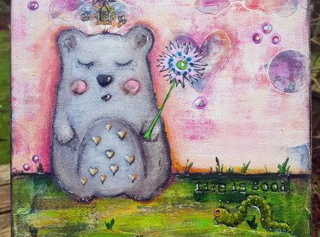 Peinture sur toile, dialogue imaginaire entre un petit ours et une chenille, de style poétique, en techniques mixtes