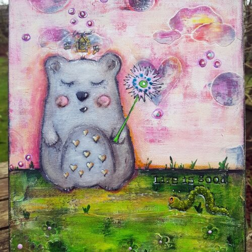 Peinture sur toile, dialogue imaginaire entre un petit ours et une chenille, de style poétique, en techniques mixtes