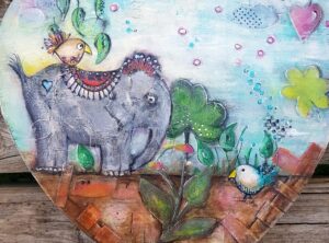 Tableau dialogue imaginaire par un soir d'été entre un éléphantean et deux zoziaux, par Cocofolies