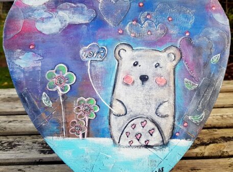 Peinture sur toile en forme de coeur: "l'ourson amoureux"