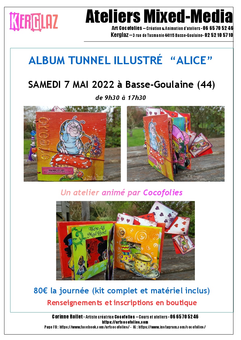 Atelier de création d'un album tunnel illustré sur le thème d'Alice, en mixed media - animé par Cocofolies