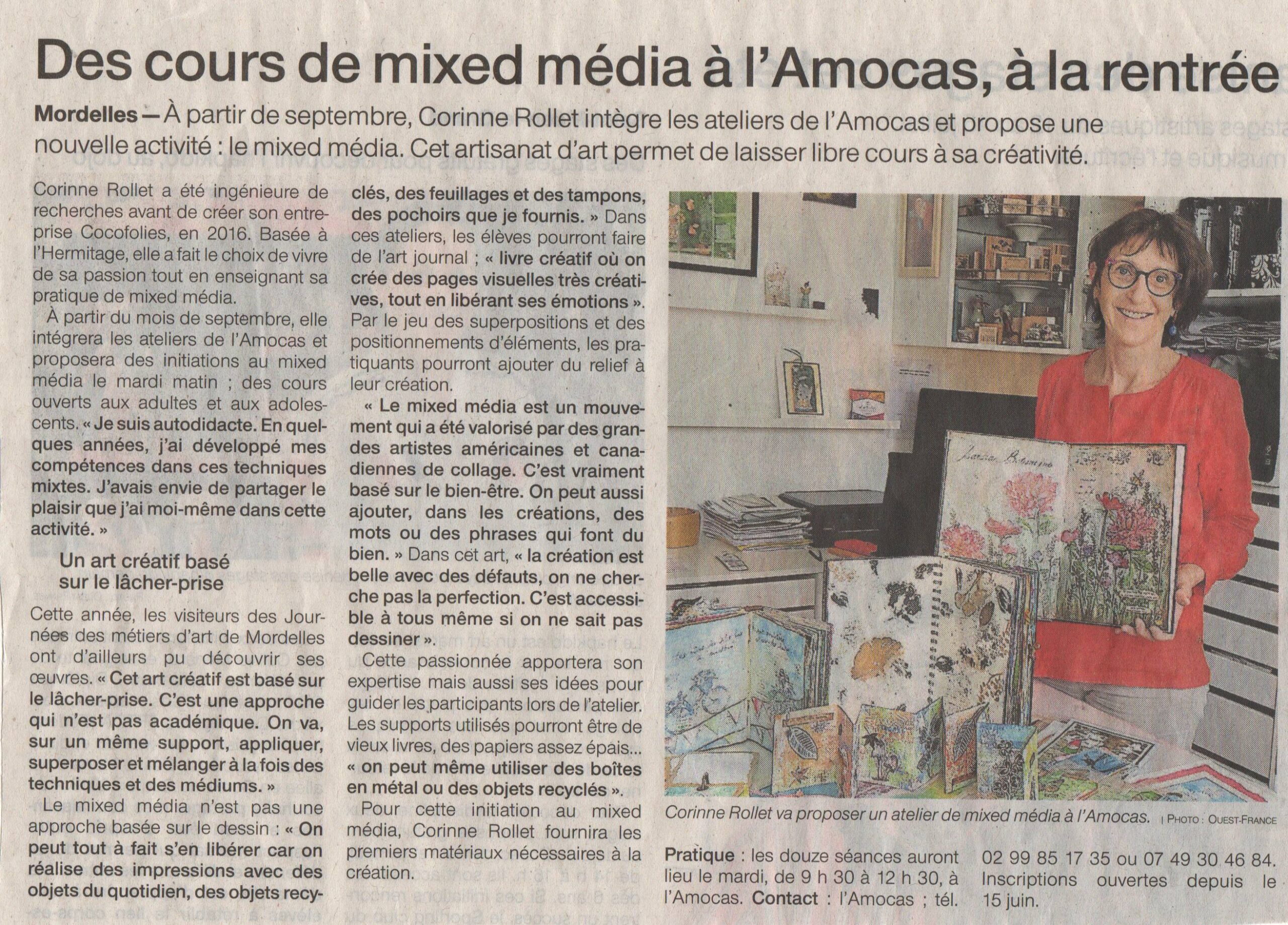 Article Ouest France cours mixed media avec Cocofolies 29 06 22