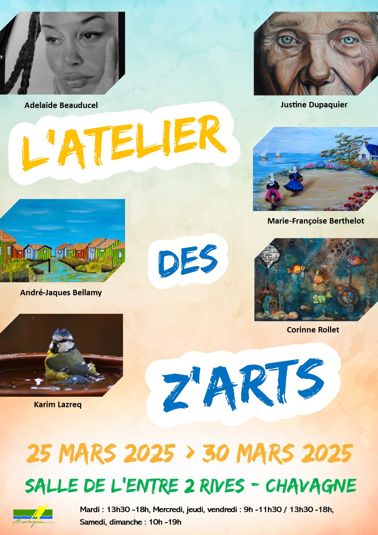 Exposition L'Atelier des z'Arts 25 au 30 mars 2025 - exposition collective, artistes : Corinne Rollet, ...